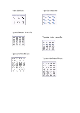 Tipos de líneas

Tipos de conectores

Tipos de botones de acción
Tipos de cintas y estrellas

Tipos de formas básicas
Tipos de flechas de bloque

 