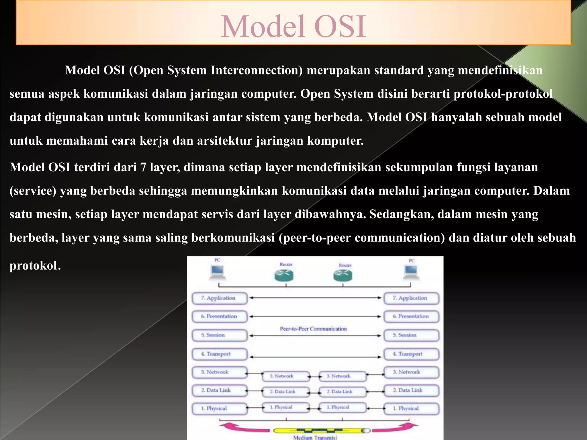 Model OSI
Model OSI (Open System Interconnection) merupakan standard yang mendefinisikan
semua aspek komunikasi dalam jaringan computer. Open System disini berarti protokol-protokol
dapat digunakan untuk komunikasi antar sistem yang berbeda. Model OSI hanyalah sebuah model

untuk memahami cara kerja dan arsitektur jaringan komputer.
Model OSI terdiri dari 7 layer, dimana setiap layer mendefinisikan sekumpulan fungsi layanan
(service) yang berbeda sehingga memungkinkan komunikasi data melalui jaringan computer. Dalam
satu mesin, setiap layer mendapat servis dari layer dibawahnya. Sedangkan, dalam mesin yang

berbeda, layer yang sama saling berkomunikasi (peer-to-peer communication) dan diatur oleh sebuah
protokol.

 