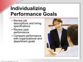Individualizing Performance Goals Review job descriptions and hiring specifications Review past performance Compare performance with organizational and department goals  