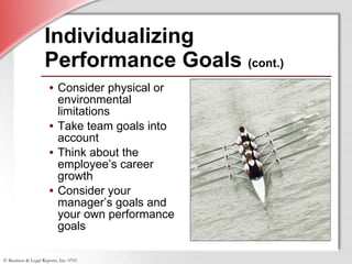 Individualizing Performance Goals  (cont.) Consider physical or environmental limitations Take team goals into account Think about the employee’s career growth Consider your manager’s goals and your own performance goals 
