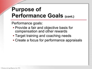 Purpose of  Performance Goals  (cont.) Performance goals: Provide a fair and objective basis for compensation and other rewards Target training and coaching needs Create a focus for performance appraisals 
