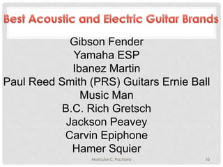 Gibson Fender
Yamaha ESP
Ibanez Martin
Paul Reed Smith (PRS) Guitars Ernie Ball
Music Man
B.C. Rich Gretsch
Jackson Peavey
Carvin Epiphone
Hamer Squier
Marlouise C. Pachorro

10

 