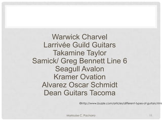 Warwick Charvel
Larrivée Guild Guitars
Takamine Taylor
Samick/ Greg Bennett Line 6
Seagull Avalon
Kramer Ovation
Alvarez Oscar Schmidt
Dean Guitars Tacoma

©http://www.buzzle.com/articles/different-types-of-guitars.html

Marlouise C. Pachorro

11

 