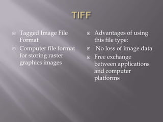 



Tagged Image File
Format
Computer file format
for storing raster
graphics images






Advantages of using
this file type:
No loss of image data
Free exchange
between applications
and computer
platforms

 