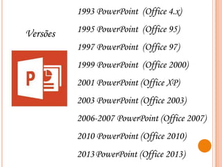 1993 PowerPoint (Office 4.x)

Versões

1995 PowerPoint (Office 95)
1997 PowerPoint (Office 97)

1999 PowerPoint (Office 2000)
2001 PowerPoint (Office XP)

2003 PowerPoint (Office 2003)
2006-2007 PowerPoint (Office 2007)

2010 PowerPoint (Office 2010)
2013 PowerPoint (Office 2013)

 