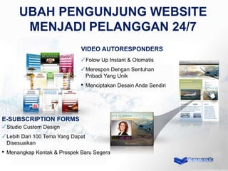 UBAH PENGUNJUNG WEBSITE
MENJADI PELANGGAN 24/7
VIDEO AUTORESPONDERS
Folow Up Instant & Otomatis
Merespon Dengan Sentuhan
Pribadi Yang Unik

•

Menciptakan Desain Anda Sendiri

E-SUBSCRIPTION FORMS
Studio Custom Design
Lebih Dari 100 Tema Yang Dapat
Disesuaikan

•

Menangkap Kontak & Prospek Baru Segera

 