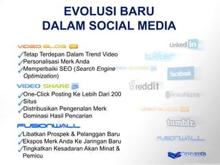 EVOLUSI BARU
DALAM SOCIAL MEDIA
Tetap Terdepan Dalam Trend Video
Personalisasi Merk Anda
Memperbaiki SEO (Search Engine
Optimization)

One-Click Posting Ke Lebih Dari 200
Situs
Distribusikan Pengenalan Merk
Dominasi Hasil Pencarian
Libatkan Prospek & Pelanggan Baru
Ekspos Merk Anda Ke Jaringan Baru
Tingkatkan Kesadaran Akan Minat &
Pemicu

 