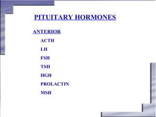 PITUITARY HORMONES
ANTERIOR
ACTH
LH
FSH
TSH
HGH
PROLACTIN
MSH

 