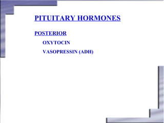 PITUITARY HORMONES
POSTERIOR
OXYTOCIN
VASOPRESSIN (ADH)

 