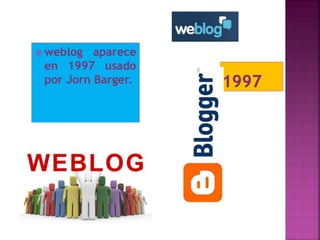  weblog aparece
en 1997 usado
por Jorn Barger.
 