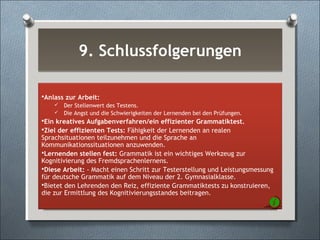 9. Schlussfolgerungen9. Schlussfolgerungen
Anlass zur Arbeit:
 Der Stellenwert des Testens.
 Die Angst und die Schwierigkeiten der Lernenden bei den Prüfungen.
Ein kreatives Aufgabenverfahren/ein effizienter Grammatiktest.
Ziel der effizienten Tests: Fähigkeit der Lernenden an realen
Sprachsituationen teilzunehmen und die Sprache an
Kommunikationssituationen anzuwenden.
Lernenden stellen fest: Grammatik ist ein wichtiges Werkzeug zur
Kognitivierung des Fremdsprachenlernens.
Diese Arbeit: - Macht einen Schritt zur Testerstellung und Leistungsmessung
für deutsche Grammatik auf dem Niveau der 2. Gymnasialklasse.
Bietet den Lehrenden den Reiz, effiziente Grammatiktests zu konstruieren,
die zur Ermittlung des Kognitivierungsstandes beitragen.
 