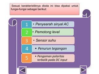 • Penyearah sinyal AC1
• Pemotong level2
• Sensor suhu3
• Penurun tegangan4
• Pengaman polaritas
terbalik pada DC input5
Sesuai karakteristiknya dioda ini bisa dipakai untuk
fungsi-fungsi sebagai berikut:
 