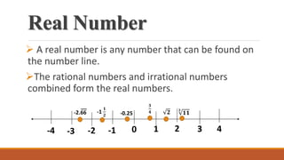 Real Number
A real number is any number that can be found on
the number line.
The rational numbers and irrational numbers
combined form the real numbers.
-1 1 2 3 40-2-3-4
-0.25-1
𝟏
𝟐
-2.66
__ 𝟑
𝟒 𝟐 𝟑
𝟏𝟏