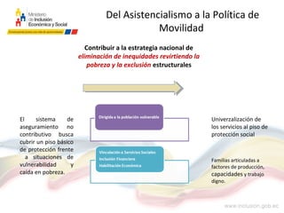 Del Asistencialismo a la Política de
Movilidad
El sistema de
aseguramiento no
contributivo busca
cubrir un piso básico
de protección frente
a situaciones de
vulnerabilidad y
caída en pobreza.
Univerzalización de
los servicios al piso de
protección social
Familias articuladas a
factores de producción,
capacidades y trabajo
digno.
Contribuir a la estrategia nacional de
eliminación de inequidades revirtiendo la
pobreza y la exclusión estructurales
 