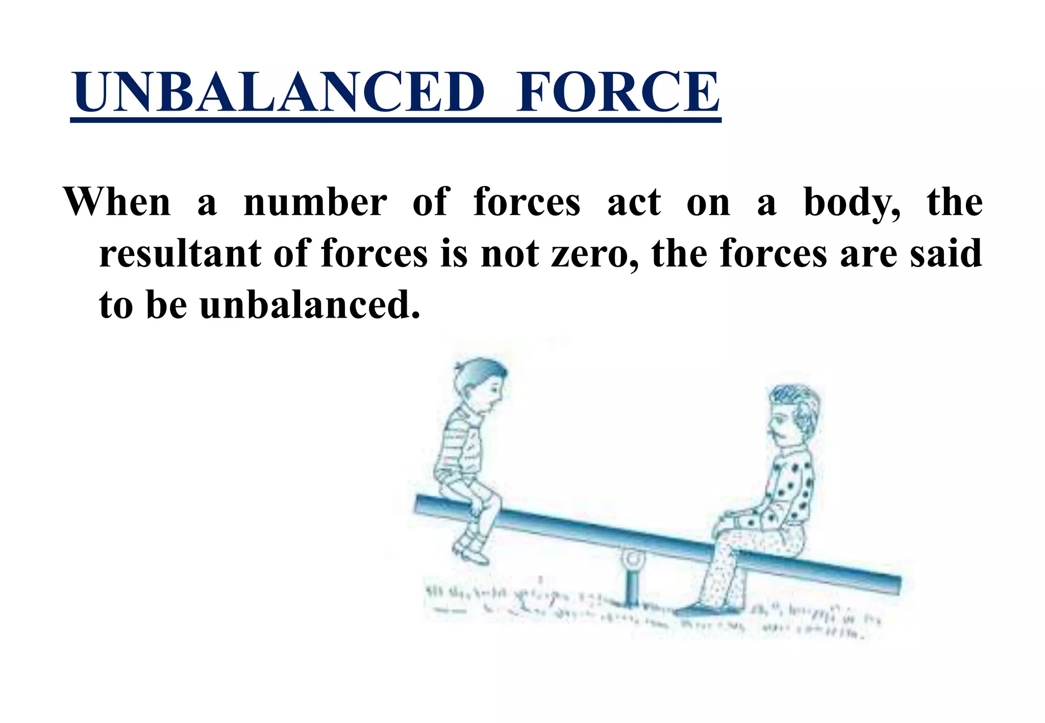UNBALANCED FORCE 
When a number of forces act on a body, the 
resultant of forces is not zero, the forces are said 
to be unbalanced. 
 