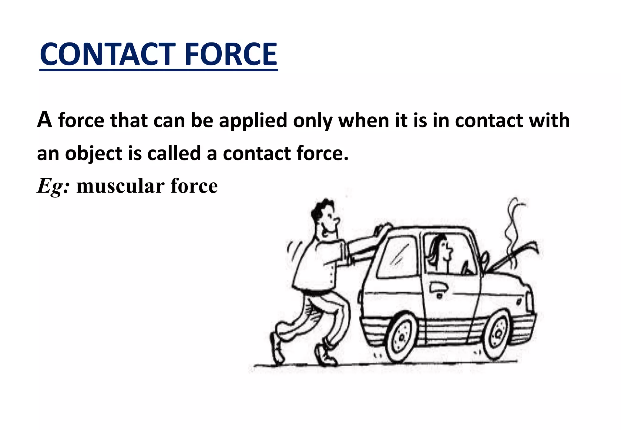 CONTACT FORCE 
A force that can be applied only when it is in contact with 
an object is called a contact force. 
Eg: muscular force 
 