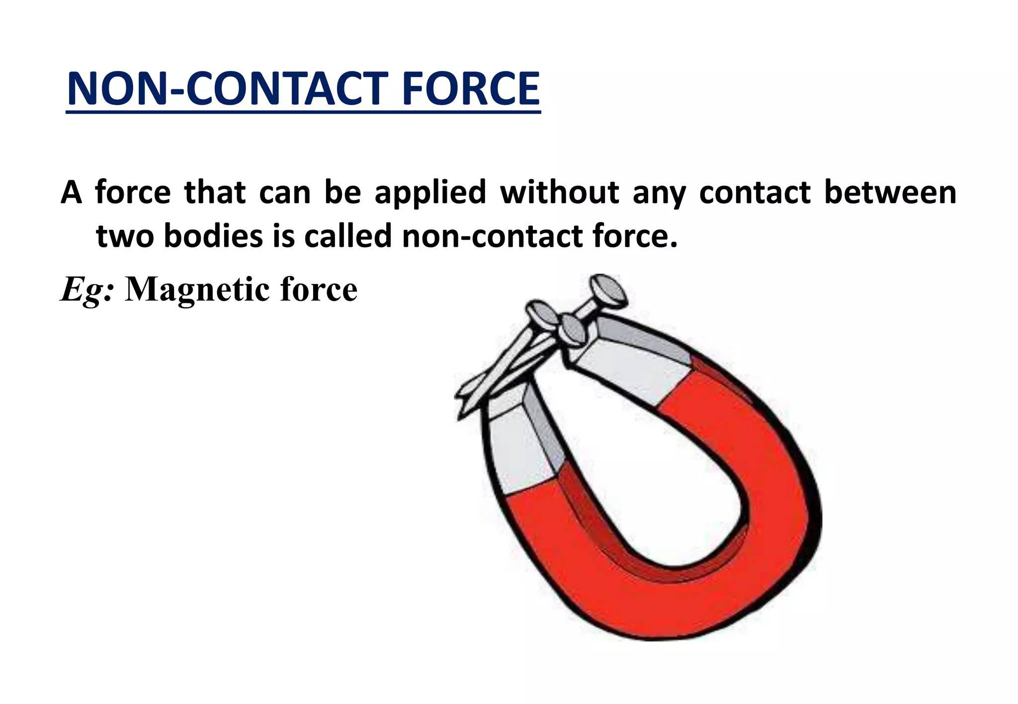 NON-CONTACT FORCE 
A force that can be applied without any contact between 
two bodies is called non-contact force. 
Eg: Magnetic force 
 