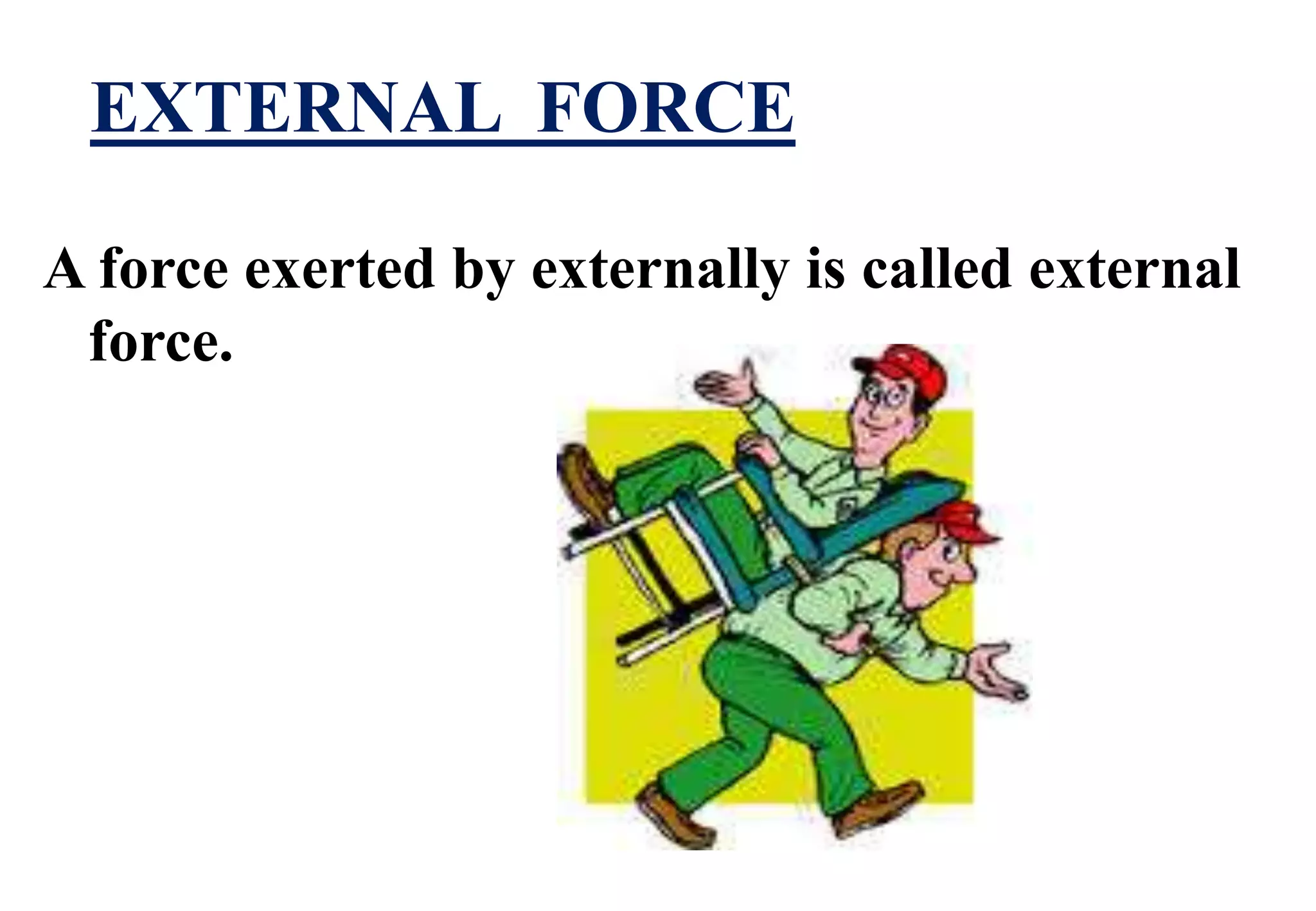 EXTERNAL FORCE 
A force exerted by externally is called external 
force. 
 