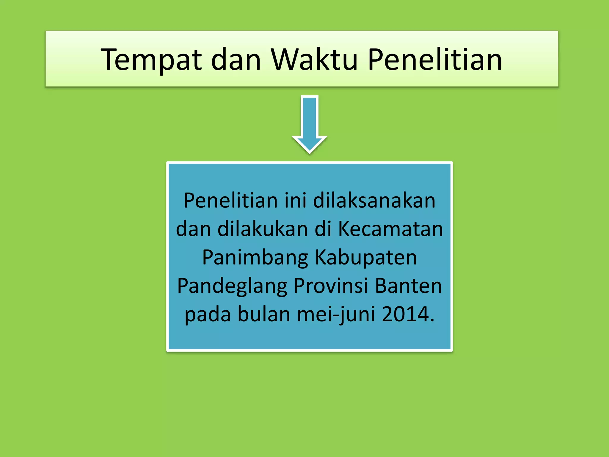 Tempat dan Waktu Penelitian 
Penelitian ini dilaksanakan 
dan dilakukan di Kecamatan 
Panimbang Kabupaten 
Pandeglang Provinsi Banten 
pada bulan mei-juni 2014. 
 