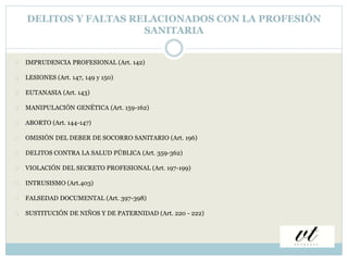 DELITOS Y FALTAS RELACIONADOS CON LA PROFESIÓN 
SANITARIA 
IMPRUDENCIA PROFESIONAL (Art. 142) 
LESIONES (Art. 147, 149 y 1...