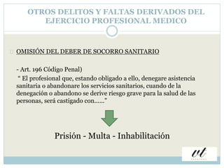 OTROS DELITOS Y FALTAS DERIVADOS DEL 
EJERCICIO PROFESIONAL MEDICO 
OMISIÓN DEL DEBER DE SOCORRO SANITARIO 
- Art. 196 Cód...