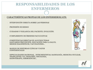 RESPONSABILIDADES DE LOS 
ENFERMEROS 
CARACTERÍSTICAS PROPIAS DE LOS ENFERMEROS/ATS: 
 INTERVENCIÓN DIRECTA SOBRE LAS PER...