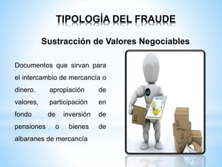 TIPOLOGÍA DEL FRAUDE 
Sustracción de Valores Negociables 
Documentos que sirvan para 
el intercambio de mercancía o 
dinero. apropiación de 
valores, participación en 
fondo de inversión de 
pensiones o bienes de 
albaranes de mercancía 
 