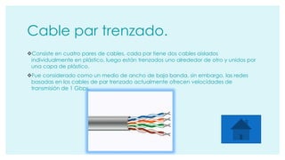 Cable par trenzado. 
Consiste en cuatro pares de cables, cada par tiene dos cables aislados 
individualmente en plástico, luego están trenzados uno alrededor de otro y unidos por 
una capa de plástico. 
Fue considerado como un medio de ancho de baja banda, sin embargo, las redes 
basadas en los cables de par trenzado actualmente ofrecen velocidades de 
transmisión de 1 Gbps. 
 