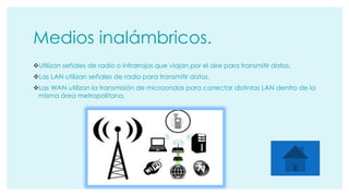 Medios inalámbricos. 
Utilizan señales de radio o infrarrojas que viajan por el aire para transmitir datos. 
Las LAN utilizan señales de radio para transmitir datos. 
Las WAN utilizan la transmisión de microondas para conectar distintas LAN dentro de la 
misma área metropolitana. 
 