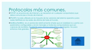 Protocolos más comunes. 
TCP/IP: es el protocolo de Internet y se necesitan en cualquier computadora que 
deba comunicase a través de Internet. 
IPX/SPX: ha sido utilizado en la mayoría de las versiones del sistema operativo para 
redes NetWare en las redes de oficina de todo el mundo. 
NetBios/NetBEUL: es un protocolo relativamente simple que en realidad no cuenta con 
parámetros configurables y envía mensajes a todas las computadoras que son 
capaces de recibirlos. Excelente para oficinas pequeñas o de hogares. No para 
entornos más grandes. 
