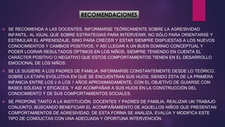 RECOMENDACIONES
 SE RECOMIENDA A LAS DOCENTES, INFORMARSE TEÓRICAMENTE SOBRE LA AGRESIVIDAD
INFANTIL, AL IGUAL QUE SOBRE ESTRATEGIAS PARA INTERVENIR, NO SÓLO PARA ORIENTARSE Y
ESTIMULAR EL APRENDIZAJE, SINO PARA CRECER Y ESTAR SIEMPRE DISPUESTAS A LOS NUEVOS
CONOCIMIENTOS Y CAMBIOS POSITIVOS, Y ASÍ LLEGAR A UN BUEN DOMINIO CONCEPTUAL Y
PODER LOGRAR RESULTADOS ÓPTIMOS EN LOS NIÑOS, SIEMPRE TENIENDO EN CUENTA EL
CARÁCTER POSITIVO O NEGATIVO QUE ESTOS COMPORTAMIENTOS TIENEN EN EL DESARROLLO
EMOCIONAL DE LOS NIÑOS.
 SE LE SUGIERE A LOS PADRES DE FAMILIA, INFORMARSE CONSTANTEMENTE DESDE LO TEÓRICO,
SOBRE LA ETAPA EVOLUTIVA EN QUE SE ENCUENTRAN SUS HIJOS, SIENDO ÉSTA DE LA PRIMERA
INFANCIA ENTRE LOS 2 A LOS 7 AÑOS APROXIMADAMENTE; CON EL OBJETIVO DE GUIARSE CON
BASES SÓLIDAS Y EFICACES, Y ASÍ ACOMPAÑAR A SUS HIJOS EN LA CONSTRUCCIÓN DEL
CONOCIMIENTO Y DE SUS COMPORTAMIENTOS SOCIALES.
 SE PROPONE TANTO A LA INSTITUCIÓN, DOCENTES Y PADRES DE FAMILIA, REALIZAR UN TRABAJO
CONJUNTO, BUSCANDO BENEFICIAR EL ACOMPAÑAMIENTO DE AQUELLOS NIÑOS QUE PRESENTAN
COMPORTAMIENTOS DE AGRESIVIDAD. DE ESTA FORMA SE ANALIZA, EVALÚA Y MODIFICA ESTE
TIPO DE CONDUCTAS CON UNA ADECUADA Y OPORTUNA INTERVENCIÓN.
 