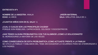 ENTREVISTA N°4
NOMBRE DE LA MAESTRA: ANALIA JARDÍN MATERNAL
EDAD: 40 AÑOS SALA: GRILLITOS (SALA DE 2)
¿CUANTOS NIÑOS SON EN EL SALA? 16
¿CUAL O CUALES SON LAS PRINCIPALES CAUSAS?
PORQUE SON REBELDES, CAPRICHOSOS, CELOSOS Y EGOCENTRICOS.
¿HAS TENIDO ALGUNA PROBLEMÁTICA CON TUS ALUMNOS? ¿COMO LO SOLUCIONASTE?
SI, MORDEDURAS LA MAYORIA DE LAS VECES.
COMO CONSECUENCIA DE ESTA PROBLEMÁTICA ¿COMO ACTUASTE FRENTE A LA FAMILIA?
SE CITA A LA FAMILIA Y HABLAMOS DEL TEMA SIN EXAGERAR LO OCURRIDO PARA NO ATERRORIZAR A
LOS PADRES.
 