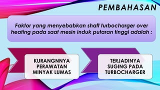 PEMBAHASAN
Faktor yang menyebabkan shaft turbocharger over
heating pada saat mesin induk putaran tinggi adalah :
KURANGNNYA
PERAWATAN
MINYAK LUMAS
TERJADINYA
SUGING PADA
TURBOCHARGER
 