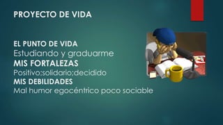 PROYECTO DE VIDA
EL PUNTO DE VIDA
Estudiando y graduarme
MIS FORTALEZAS
Positivo;solidario;decidido
MIS DEBILIDADES
Mal humor egocéntrico poco sociable
 