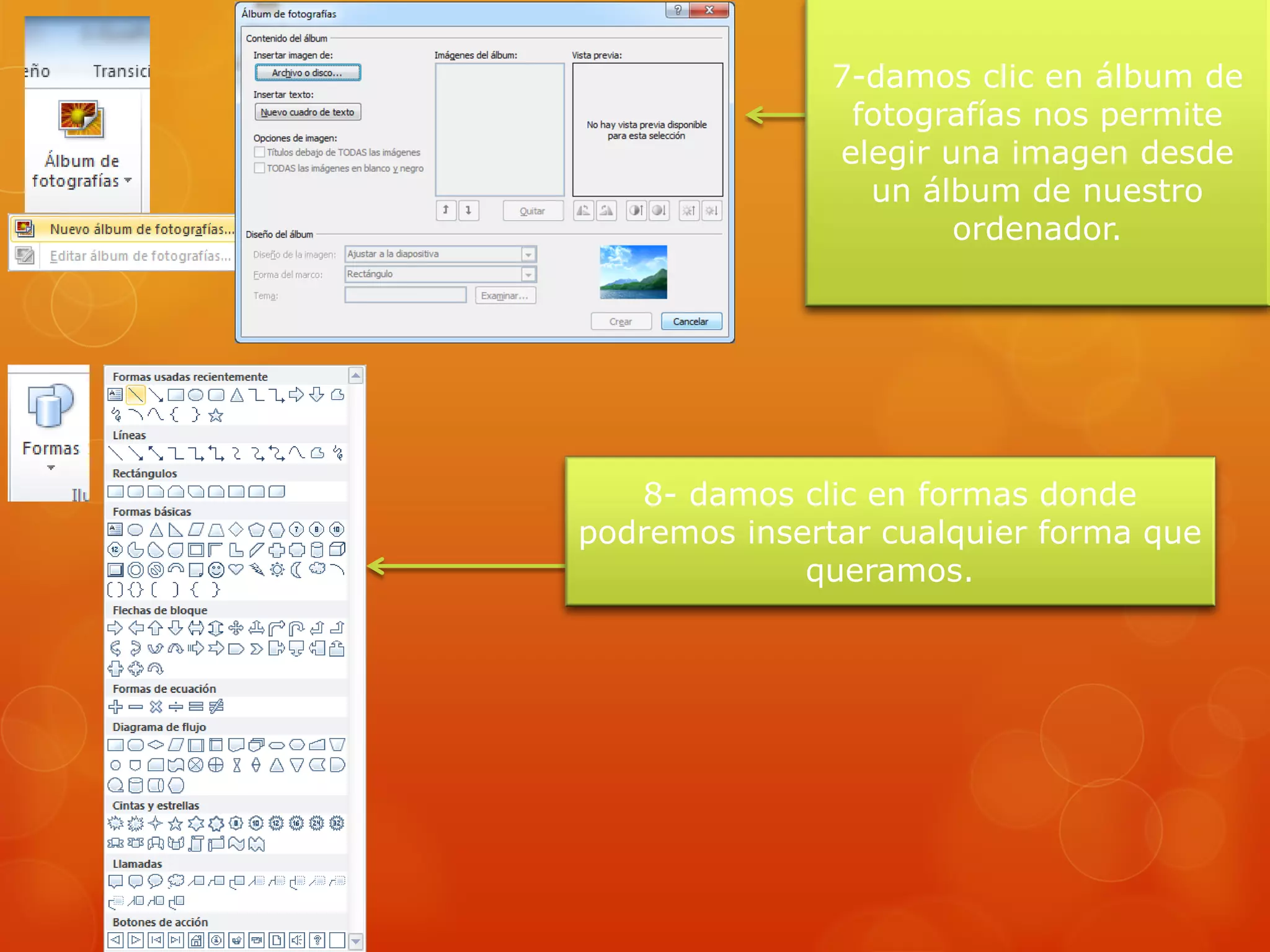 7-damos clic en álbum de
fotografías nos permite
elegir una imagen desde
un álbum de nuestro
ordenador.
8- damos clic en formas donde
podremos insertar cualquier forma que
queramos.
 