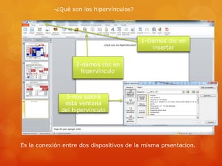 -¿Qué son los hipervínculos?
1-Damos clic en
insertar
2-damos clic en
hipervínculo
3-nos saldrá
esta ventana
del hipervínculo
Es la conexión entre dos dispositivos de la misma prsentacion.
 