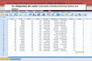 En segundo lugar en la pestaña Vista de Datos, y con el icono
de etiquetas de valor marcado introduciremos todos los
datos.
 
