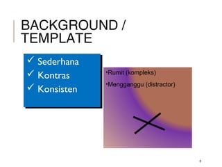 BACKGROUND /
TEMPLATE
6
 Sederhana
 Kontras
 Konsisten
 Sederhana
 Kontras
 Konsisten
•Rumit (kompleks)
•Mengganggu (distractor)
 