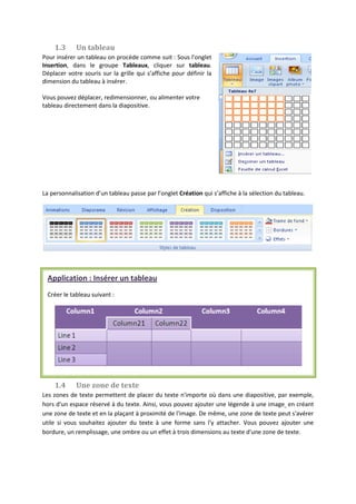 1.3 Un tableau
Pour insérer un tableau on procède comme suit : Sous l'onglet
Insertion, dans le groupe Tableaux, cliquer sur tableau.
Déplacer votre souris sur la grille qui s’affiche pour définir la
dimension du tableau à insérer.
Vous pouvez déplacer, redimensionner, ou alimenter votre
tableau directement dans la diapositive.
La personnalisation d’un tableau passe par l’onglet Création qui s’affiche à la sélection du tableau.
1.4 Une zone de texte
Les zones de texte permettent de placer du texte n'importe où dans une diapositive, par exemple,
hors d'un espace réservé à du texte. Ainsi, vous pouvez ajouter une légende à une image en créant
une zone de texte et en la plaçant à proximité de l'image. De même, une zone de texte peut s'avérer
utile si vous souhaitez ajouter du texte à une forme sans l'y attacher. Vous pouvez ajouter une
bordure, un remplissage, une ombre ou un effet à trois dimensions au texte d'une zone de texte.
Application : Insérer un tableau
Créer le tableau suivant :
 