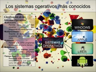 Los sistemas operativos más conocidosLos sistemas operativos más conocidos
Clasificacíon de los
Sistemas Operativos
•Multiusuario:
Permite que dos o más
usuarios utilicen sus
programas al mismo tiempo.
•Multiprocesador:
Soporta el abrir un mismo
programa en más de una
CPU.
•Multitarea:
Permite que varios programas
se ejecuten al mismo tiempo.
•Multitramo:
Permite que diversas partes
de un solo programa
funcionen al mismo tiempo.
•Tiempo Real:
Responde a las entradas
inmediatamente. Los sistemas
como MS-DOS y UNIX, no
funcionan en tiempo real.
 