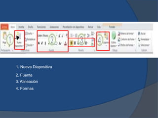 4. Formas
2. Fuente
3. Alineación
1. Nueva Diapositiva
 