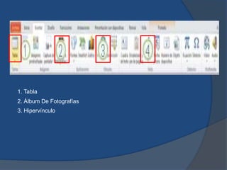 1. Tabla
2. Álbum De Fotografías
3. Hipervínculo
 