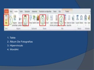 2. Álbum De Fotografías
1. Tabla
3. Hipervínculo
4. WordArt
 