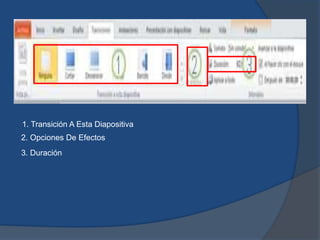 1. Transición A Esta Diapositiva
2. Opciones De Efectos
3. Duración
 