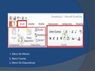 1. Barra De Menús
2. Menú Fuente
3. Menú De Diapositivas
 