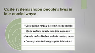 Caste systems shape people's lives in
four crucial ways:
• Caste system largely determines occupation
• Caste systems largely mandate endogamy
• Powerful cultural beliefs underlie caste systems
• Caste systems limit outgroup social contacts
 