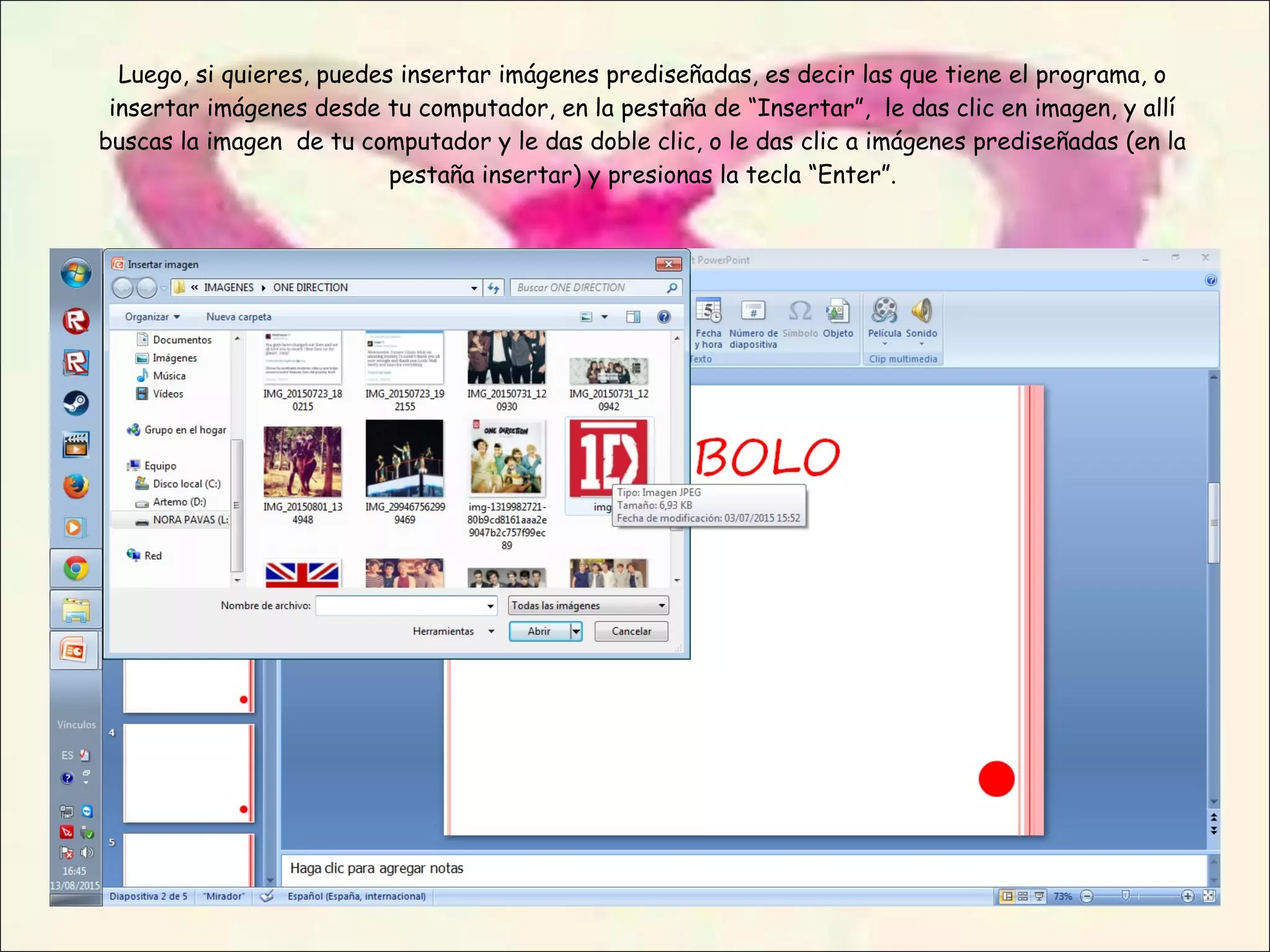 Luego, si quieres, puedes insertar imágenes prediseñadas, es decir las que tiene el programa, o
insertar imágenes desde tu computador, en la pestaña de “Insertar”, le das clic en imagen, y allí
buscas la imagen de tu computador y le das doble clic, o le das clic a imágenes prediseñadas (en la
pestaña insertar) y presionas la tecla “Enter”.
 