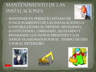  MANTENER EN PERFECTO ESTADO DE
FUNCIONAMIENTO DE LAS INSTALACIONES O
CONSTRUCCIONES SE OBTIENE: REVISANDO,
SUSTITUYENDO, LIMPIANDO, AJUSTANDO Y
REPARANDO LOS DAÑOS PRESENTES Y LOS
DAÑOS OCASIONADOS POR EL TIEMPO DE USO
Y POR EL DETERIORO.