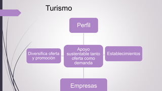 Apoyo
sustentable tanto
oferta como
demanda
Perfil
Establecimientos
Empresas
Diversifica oferta
y promoción
Turismo
 