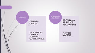 EARTH –
CHECK
2009 PLAYAS
LIMPIAS
TURISMO
SUSTENTABLE
HUATULCO
PROGRAMA
RESIDUOS
PELIGROSOS
PUEBLO
MAGICO .
SOMBRERETE
,ZACATECAS
 